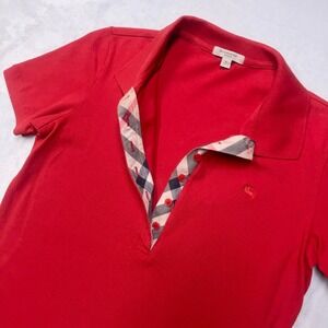 VTG‎ Burberry London Polo Shirt Women L Red Nova Check Placket Short Sleeve Logo